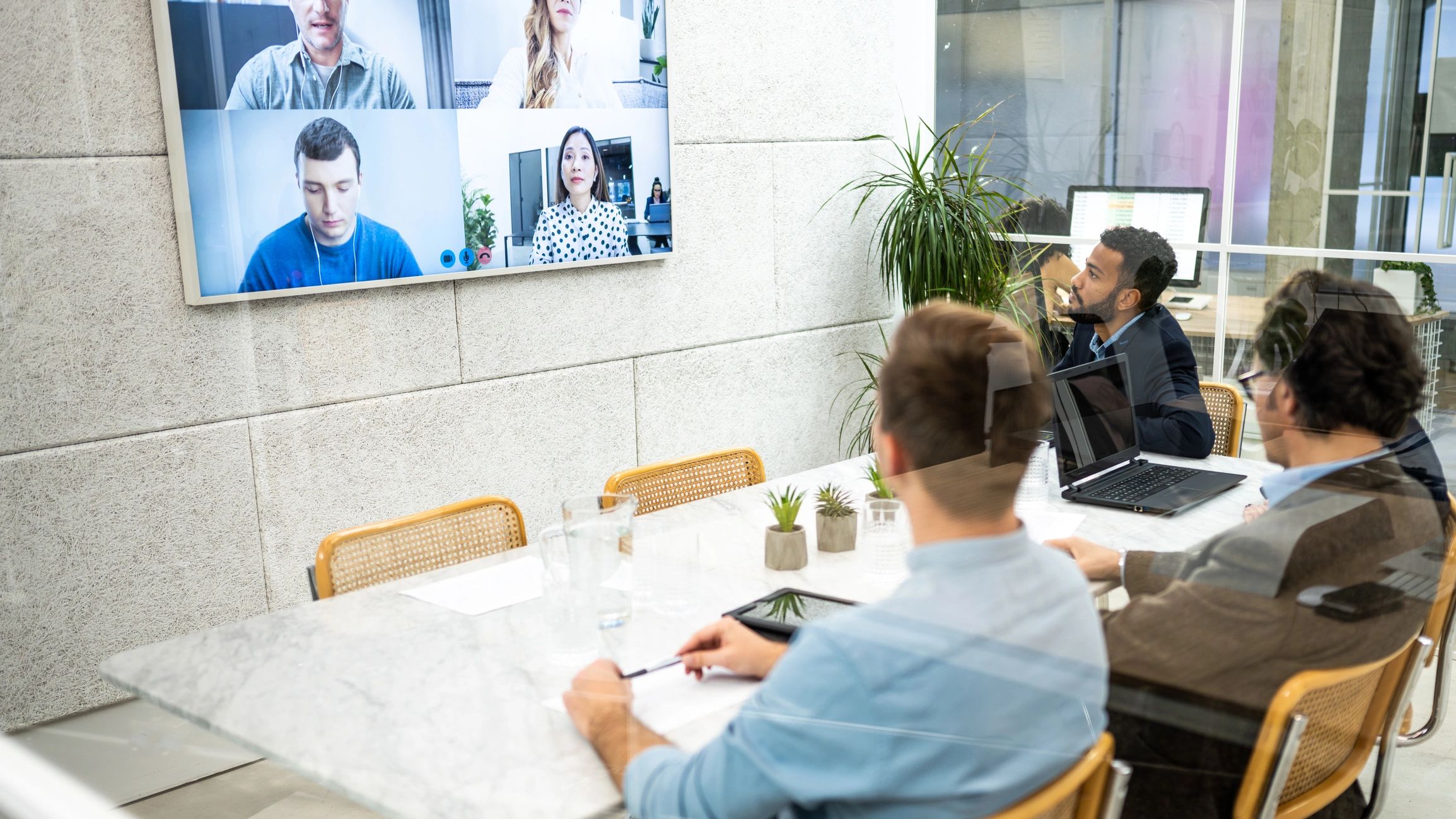 Corporate workers online communication with remote team in web conference meeting